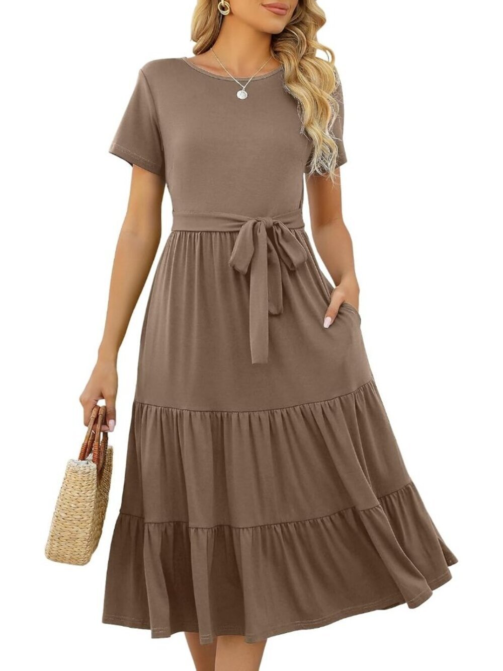 Women's Coffee Casual Tiered Short Sleeve Belted Pocket Ruffle Midi Maxi Dress